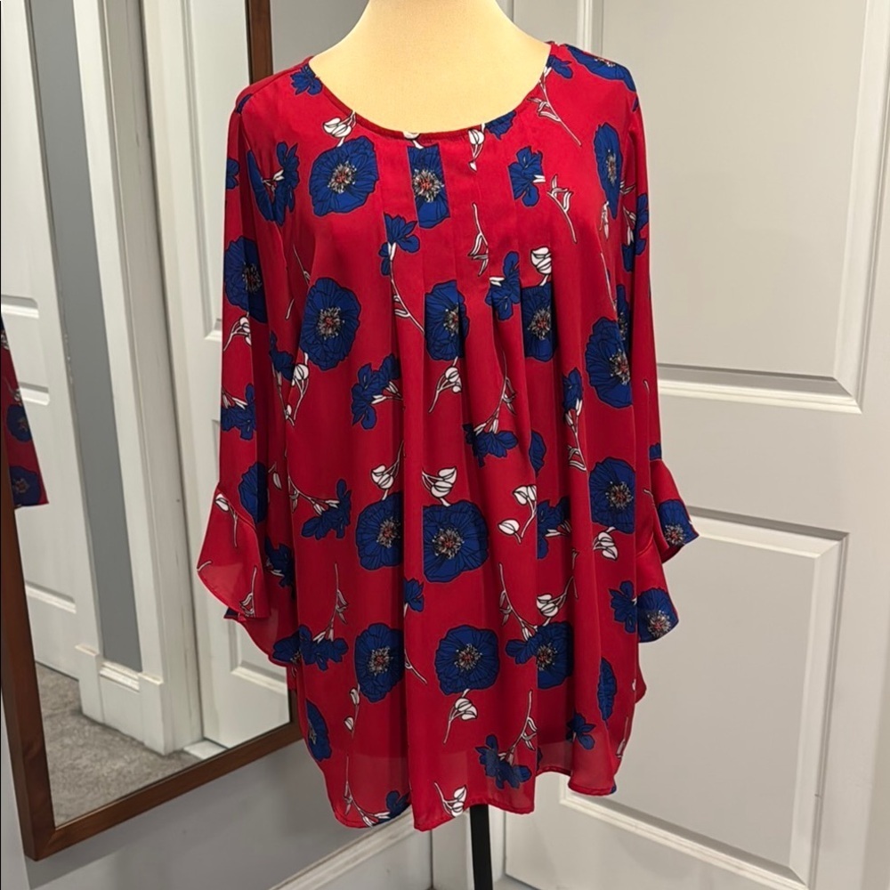Liz Claiborne Patriotic Red White Blue Floral blouse plus size 2X - Picture 2 of 8